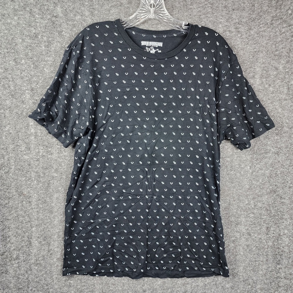 True Religion T-Shirt Mens Medium Black Logo All‎ Over Print Short Sleeve Tee